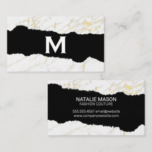 Monogram White Marble Gold Foil Business Card