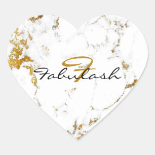 Monogram White Marble Gold Glitter Name Heart Heart Sticker