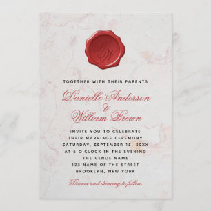 Monogram White Marble Red Script  Wax Seal Wedding Invitation