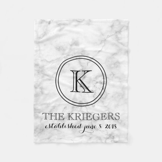 Monogram White Marble Wedding Date Anniversary Fleece Blanket (Front)