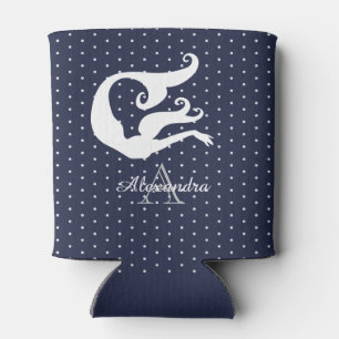 Monogram white mermaid on navy blue can cooler