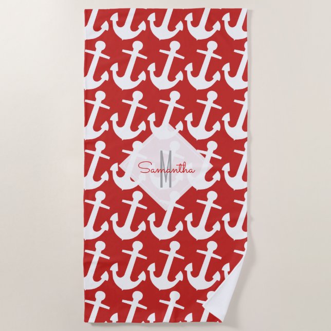 Monogram, White Nautical Anchor Pattern on Red Beach Towel (Front)