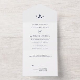 Monogram White, Navy Blue Nautical Anchor Wedding All In One Invitation