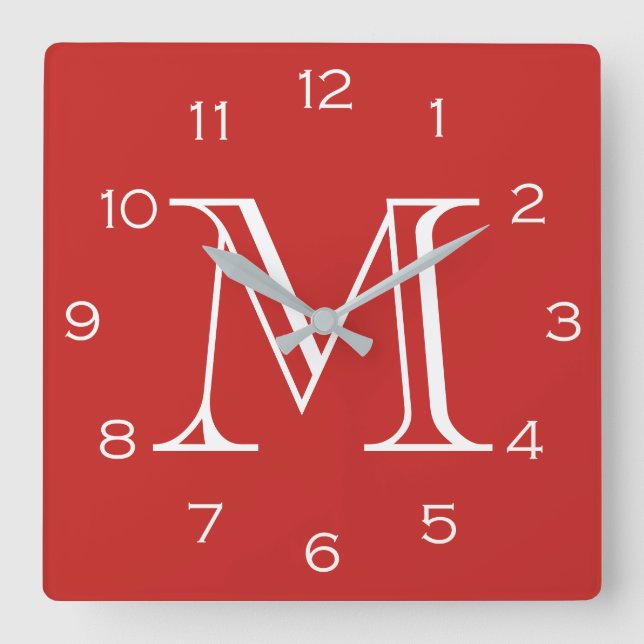 Monogram White Numbers On Red wccnt Square Wall Clock (Front)