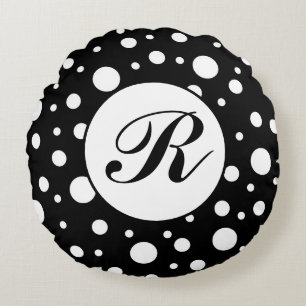 Monogram White on Black Polka Dot Pattern Round Cushion