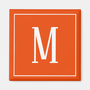 Monogram White on Bright Orange Square Magnet