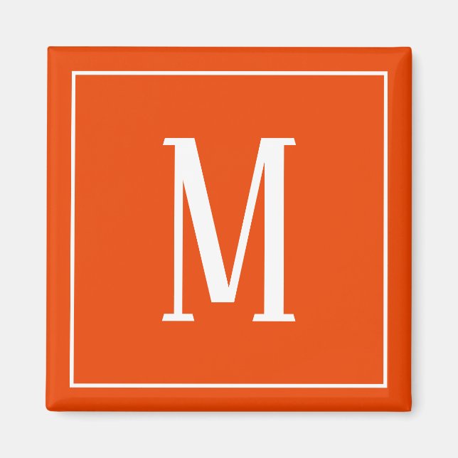 Monogram White on Bright Orange Square Magnet (Front)