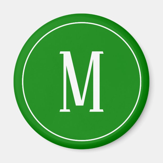 Monogram White on Green Round Magnet (Front)