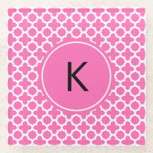 Monogram White on Hot Pink Quatrefoil Pattern Glass Coaster