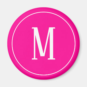Monogram White on Hot Pink Round Magnet