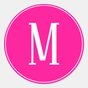 Monogram White on Hot Pink Round Sticker