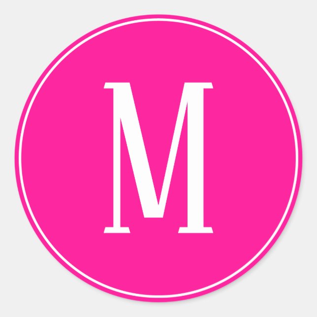 Monogram White on Hot Pink Round Sticker (Front)