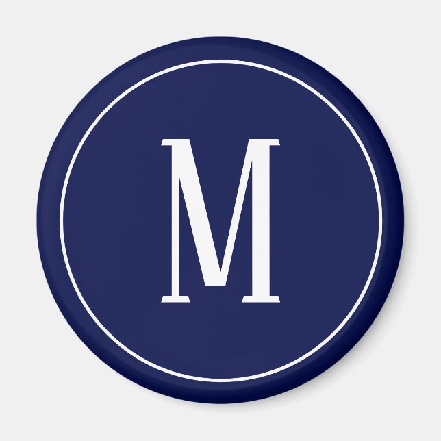 Monogram White on Navy Blue Round Magnet (Front)