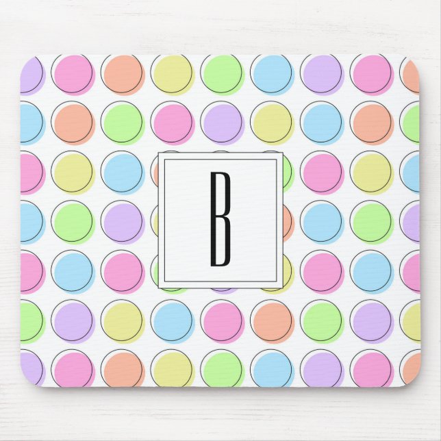 Monogram White Pastel Rainbow Polka Dot Pattern Mouse Mat (Front)