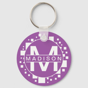 Monogram White Purple Initials Art Squares Circle Key Ring