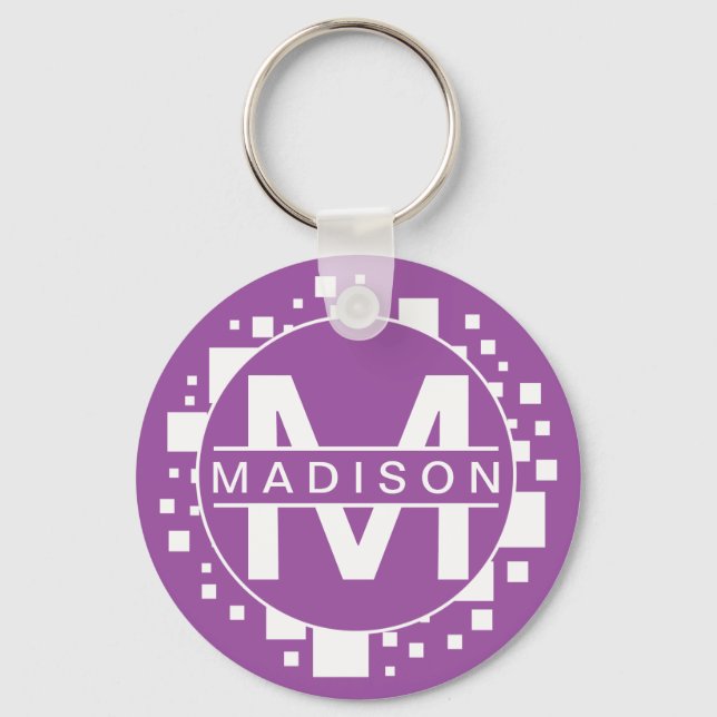 Monogram White Purple Initials Art Squares Circle  Key Ring (Front)