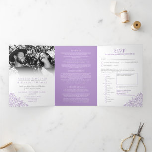 Monogram white purple leaves wedding all-in-one Tri-Fold invitation