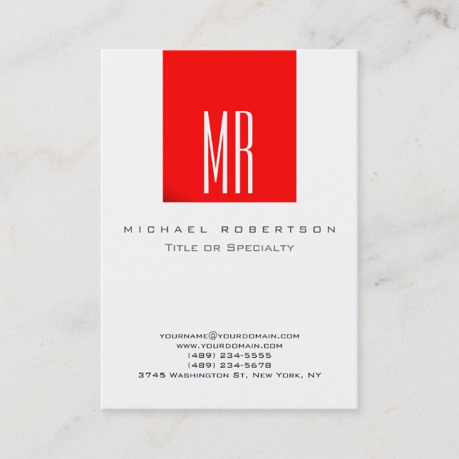 Monogram White Red Colour Chubby Business Card (Front)