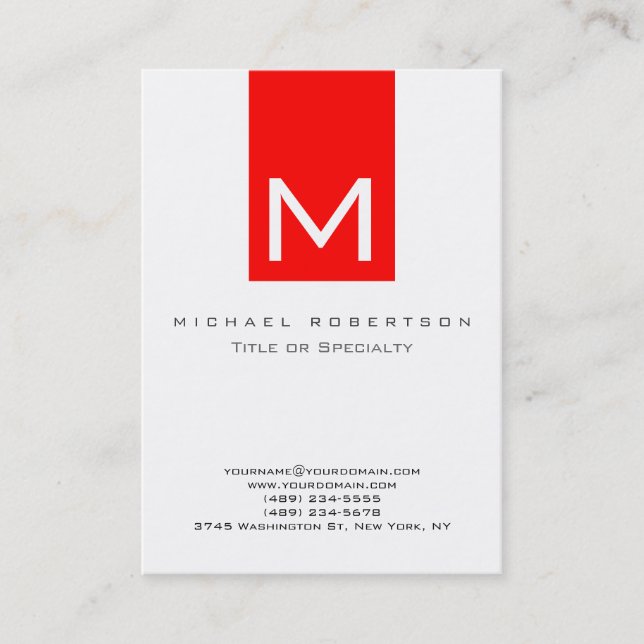 Monogram White Red Stripe Chubby Business Card (Front)
