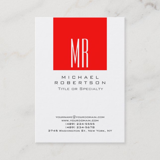 Monogram White Red Stripe Chubby Business Card (Front)