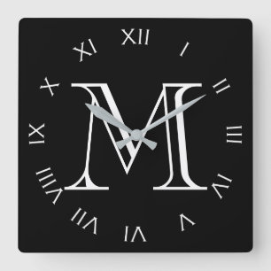 Monogram White Roman Numbers On Black wccn Square Wall Clock