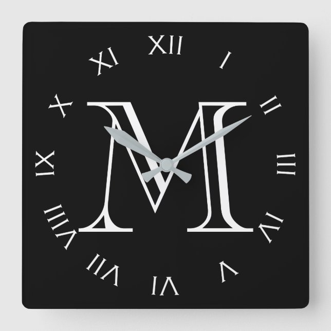 Monogram White Roman Numbers On Black wccnt Square Wall Clock (Front)