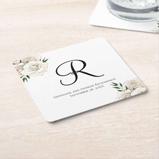 Monogram White Roses Floral Elegant Wedding Square Paper Coaster (Angled)