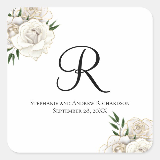 Monogram White Roses Floral Elegant Wedding Square Sticker (Front)