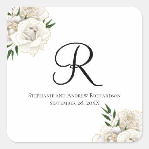 Monogram White Roses Floral Elegant Wedding Square Sticker