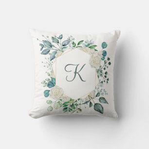 Monogram White Roses Greenery Eucalyptus Floral Cushion