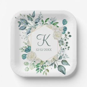 Monogram White Roses Greenery Eucalyptus Wedding  Paper Plate