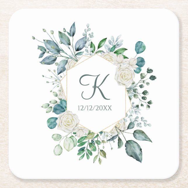 Monogram White Roses Greenery Eucalyptus Wedding  Square Paper Coaster (Front)