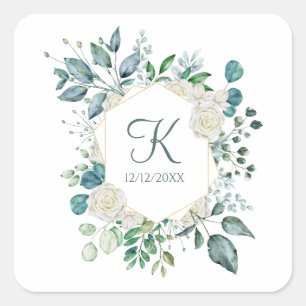 Monogram White Roses Greenery Eucalyptus Wedding Square Sticker