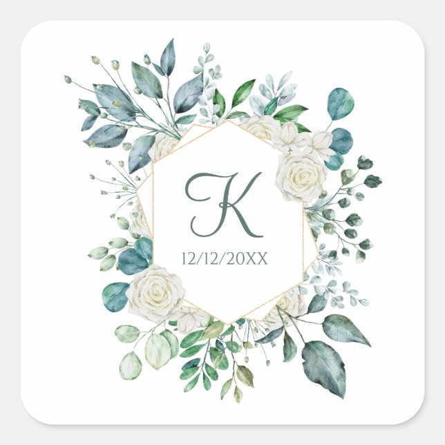 Monogram White Roses Greenery Eucalyptus Wedding Square Sticker (Front)