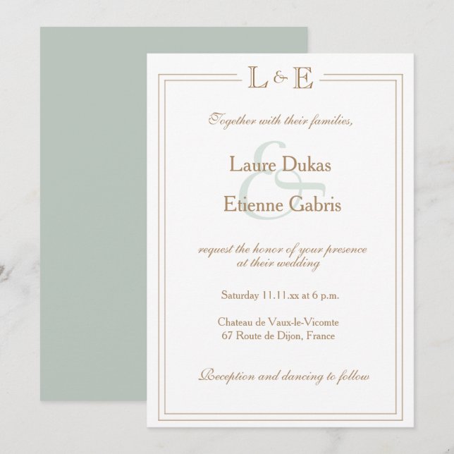 Monogram White Sage Gold Ampersand Modern Wedding Invitation (Front/Back)