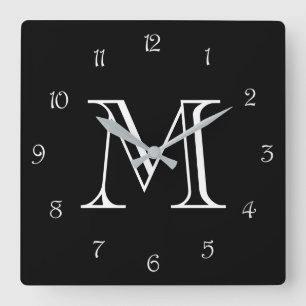 Monogram White Script Numbers On Black wccn Square Wall Clock