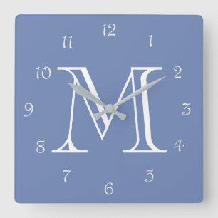 Monogram White Script Numbers On Blue wccn Square Wall Clock