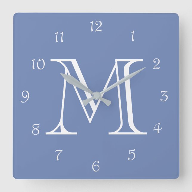 Monogram White Script Numbers On Blue wccnt Square Wall Clock (Front)