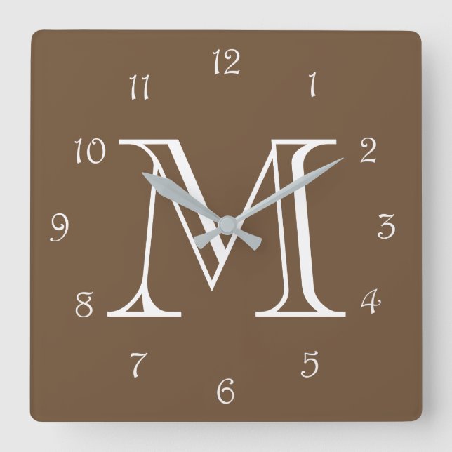 Monogram White Script Numbers On Brown wccnt Square Wall Clock (Front)