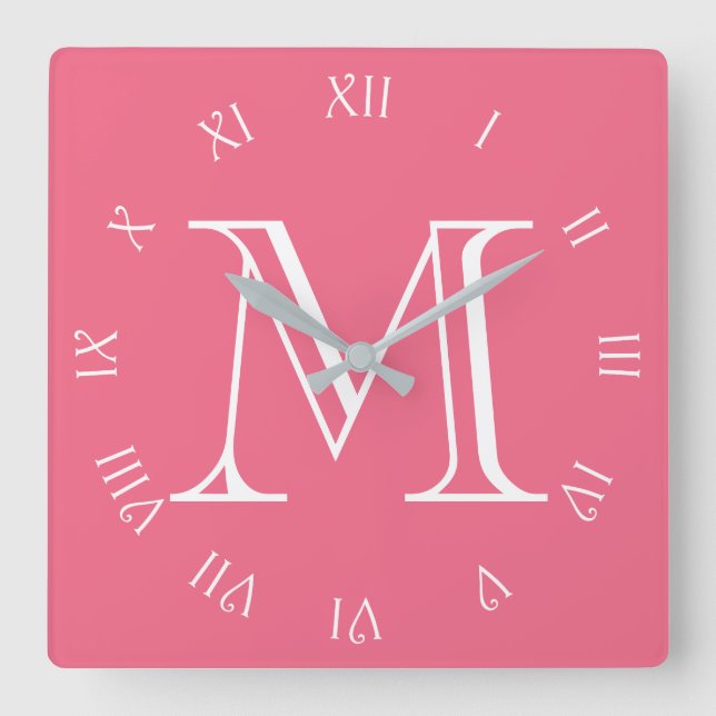Monogram White Script Roman Numbers On Pink wccn Square Wall Clock (Front)