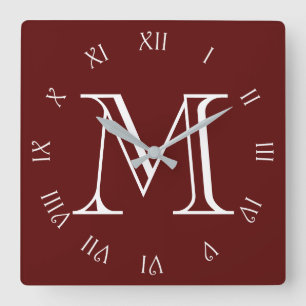 Monogram White Script Roman Numbers On Red wccn Square Wall Clock