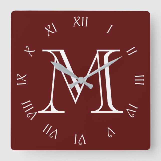 Monogram White Script Roman Numbers On Red wct Square Wall Clock (Front)