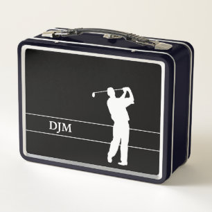 Monogram White Silhouette Golfer on Black  Metal Lunch Box