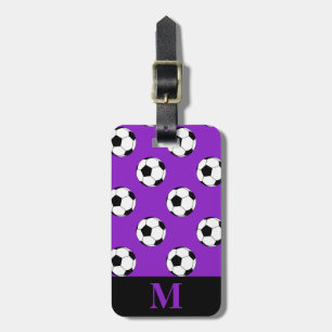 Monogram White Soccer Football Balls, Purple Luggage Tag