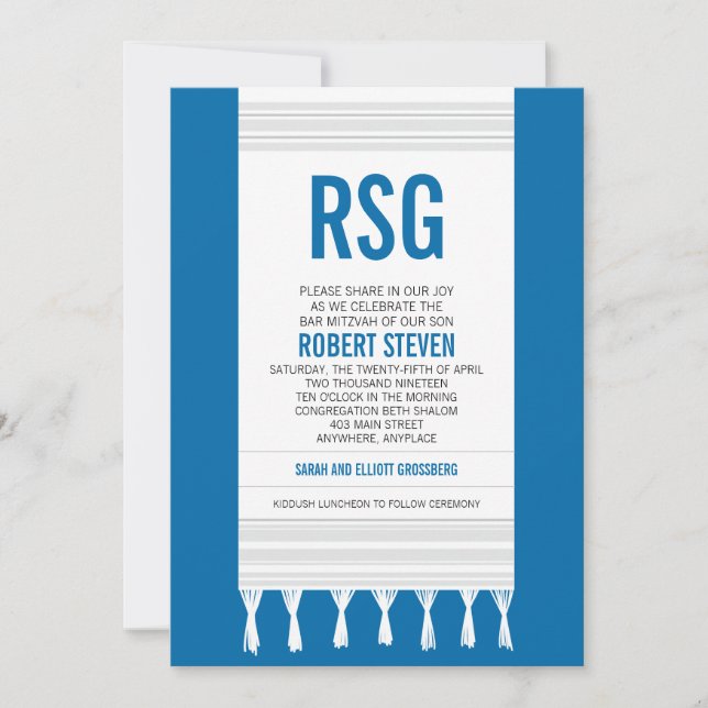 Monogram White Stripe Tallit Bar Mitzvah Invitation (Front)