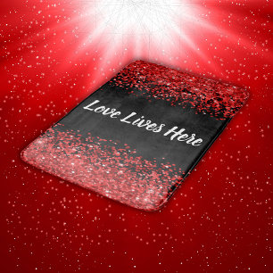 Monogram - White text on black with red glitter   Bath Mat