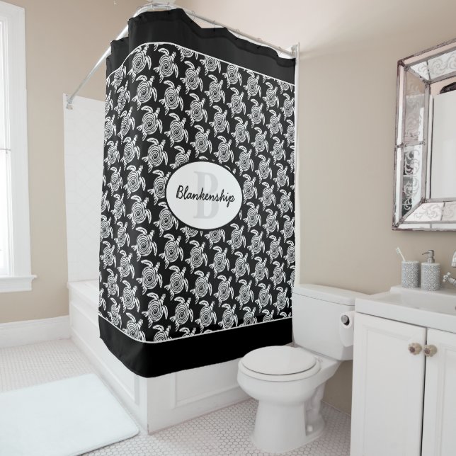 Monogram White Tribal Turtle Pattern Over Black Shower Curtain (In Situ)