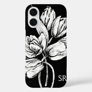 Monogram White Tulips on Black iPhone 16 Case