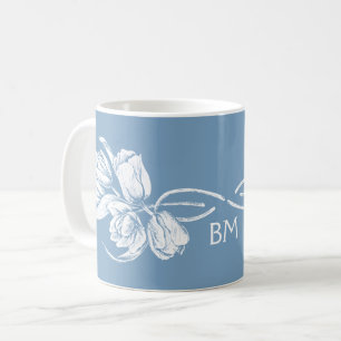 Monogram White Tulips on Dusk Blue Coffee Mug