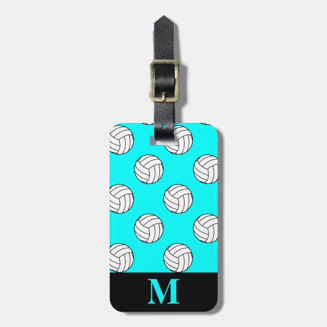 Monogram White Volleyball Balls, Aqua Blue Luggage Tag (Front Vertical)